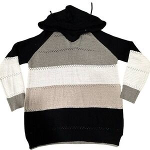 Women's Large Knit Top Black White Gray Striped Sweater‎ Pre-Loved